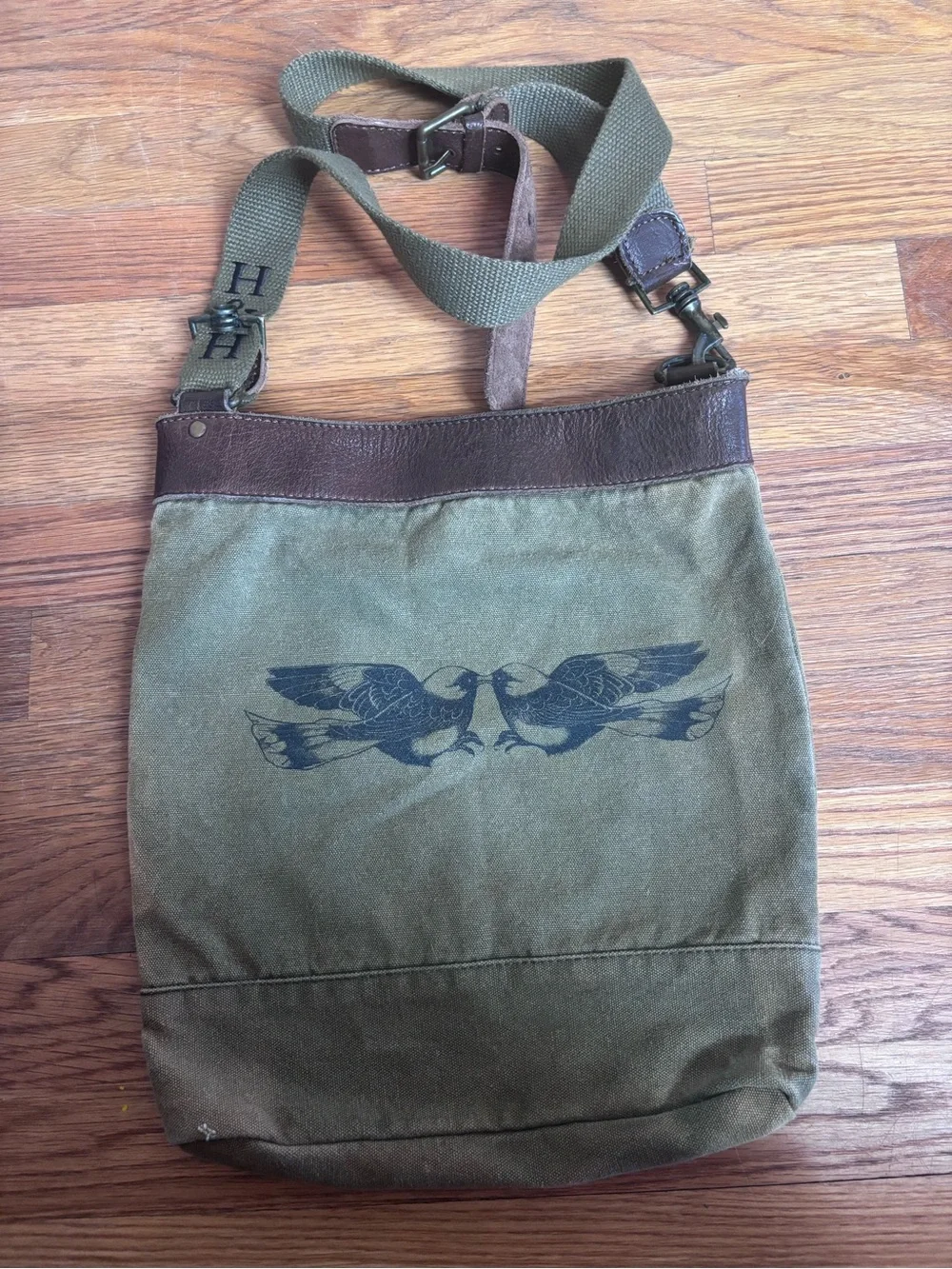 Olive Green Canvas Messenger Bag with Bird Graphic